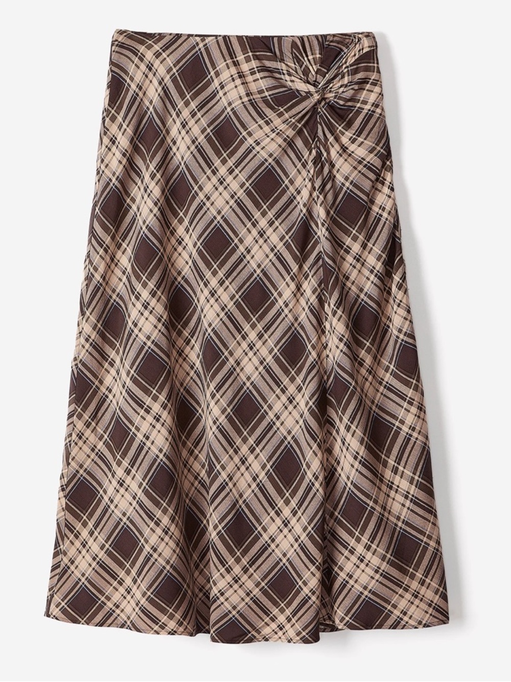 RW&CO. Plaid A-Line Midi Skirt in Brown and Cream with Twist Detail